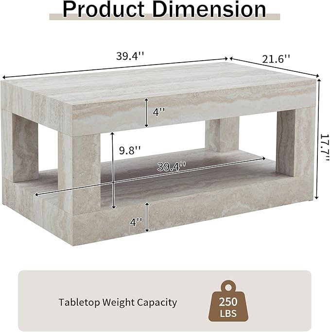 LKTART 39.37" Faux Travertine Stone Coffee Table with Storage, 2-Tier Mid Century Rectangular Accent Table with Thick Tabletop, Rustic Style Cocktail, Center Table for Living Room, Office(Beige)