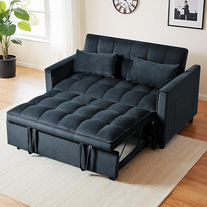 3 in 1 Sleeper Sofa Bed, Pull Out Couch, Convertible Futon Loveseat with krest, Dinotefuran Living Room Chaise Lounr Home Apartment Office, Black