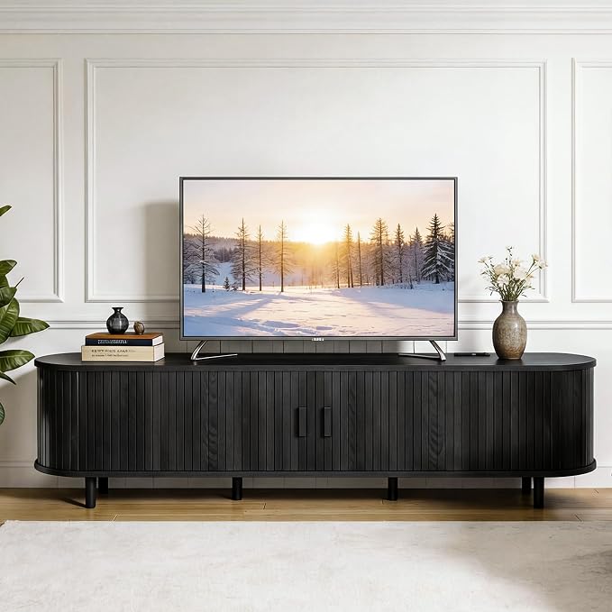 70" Mid Century Modern TV Stand, Wood TV Consoles with Sliding Doors and Power Outlet, Fluted Entertainment Center with Adjustable Shelves, Media Console for Living Room, Black - Image 2