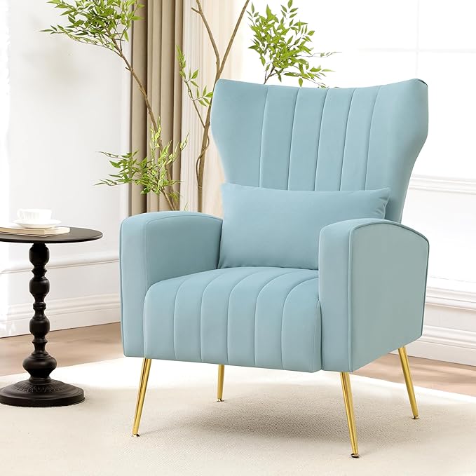 Modern Accent Chairs Set of 2 Upholstered Living Room Chairs,High Back Arm Chairs with Metal Legs Lumbar Reading Chair for Bedroom, Apartment, Small Spaces Sky Blue