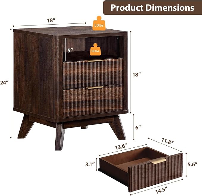 Fluted Nightstand - 24" Modern Bedside Table w/ 2 Drawers, Wood Bed Side End Table with Open Shelf, Night Stand with Storage Drawer, Curved Design Night Stands for Bedroom Living Room (Walnut) - Image 2