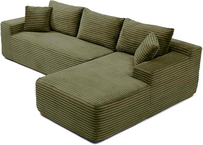 105-Inch L-Shaped Right Facing Corner Compressed Sofa Modular Sectional Boneless Cloud Sofa Floor Foam Couch with Chaise Lounge, Corduroy Corner Boneless Cloud Couch