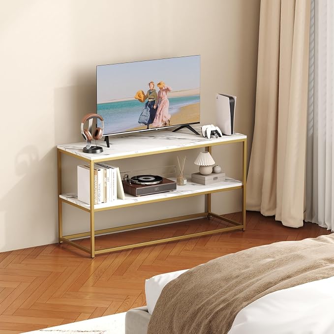Function Home TV Stand for TVs up to 50 Inch, 2 Tier Entertainment Center, Modern TV Cabinet with Marble Top and Gold Metal Base, 42" Media Console Table with Storage for Living Room Bedroom - Image 4
