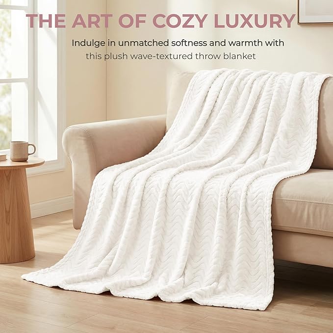 Exclusivo Mezcla King Blanket for Bed, Cozy Lightweight Fleece Blankets for All Season, Decorative Giftable Fuzzy Plush Wave Textured Suitable for Women, Men, Ivory, 90x104 Inches