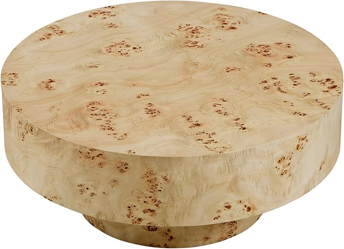 31.49" Round Coffee Table with Burl Wood Veneer & Sturdy Pedestal, Modern Luxury Circle Drum Center Table, Accent Side Table End Table for Living Room Apartment, Natural