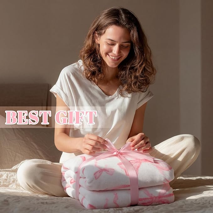 Buryeah Pink Bow Throw Blanket 60"x80" Ultra Soft Flannel Coquette Aesthetic Blanket for Girls Women Preppy Room Decor for Bed Sofa Spring Wedding Mother's Day Graduation Back to School Gift