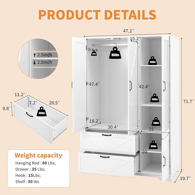 White 3 Door Wardrobe Closet with Mirror, Bedroom Armoire Wardrobe Closet with Lights, 2 Drawers, Hanging Rod and Cabinet, Large Clothes Storage Organizer, 47.2 x 19.68 x 71.65 in