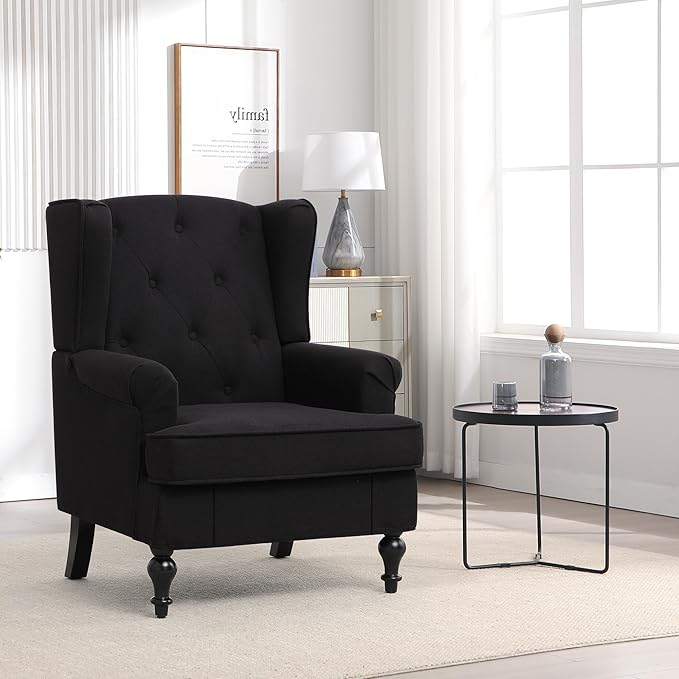 Accent Chair for Living Room, Mid Century Modern Upholstered Armchair, Wingback Chair with Tufted High Back and Solid Legs, Comfy Side Chairs Single Sofa for Bedroom, Black
