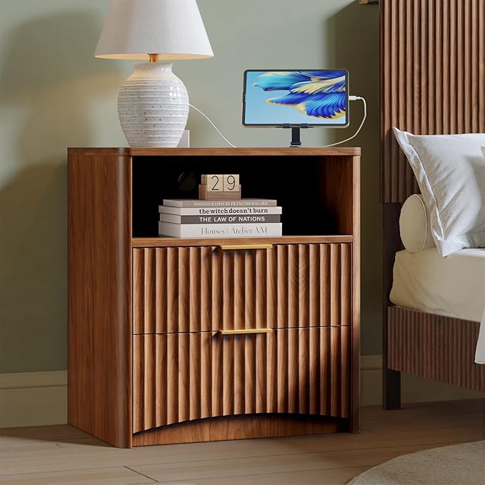 Evermagin Fluted Nightstand Set of 2 with Charging Station, Walnut Bedside Table with 2 Drawers, Wood End Table with Storage Mid Century Modern, Large Night Stand for Bedroom - Image 3