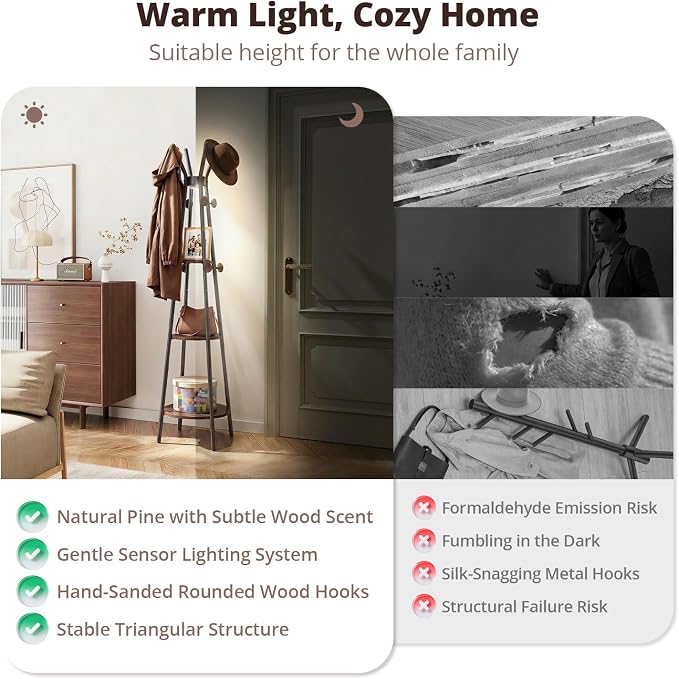 young master Coat Rack, Freestanding Coat Rack with 3 Shelves and 12 Hooks, Coat tree with Motion Sensor Light for Entryway, Livingroom, Hall Tree Free Standing for Coats, Scarves, Handbags, Black - Image 3