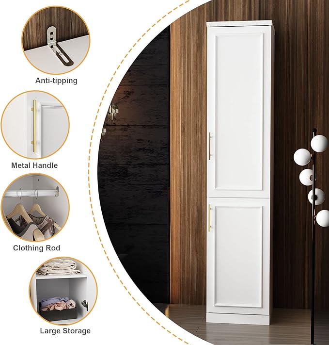 FAMAPY 2 Door Wardrobe Tall and Narrow Armoire Wardrobe with Hanging Rod, Gold Metal Handles, Closet for for Bedroom White (15.7”W x 19.3”D x 74.9”H)