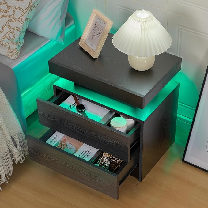 Bingoday LED Nightstand Black Modern Night Stand with 2 Drawers LED Bedside Tables for Bedroom End Tables with LED Strip Lights - Image 5