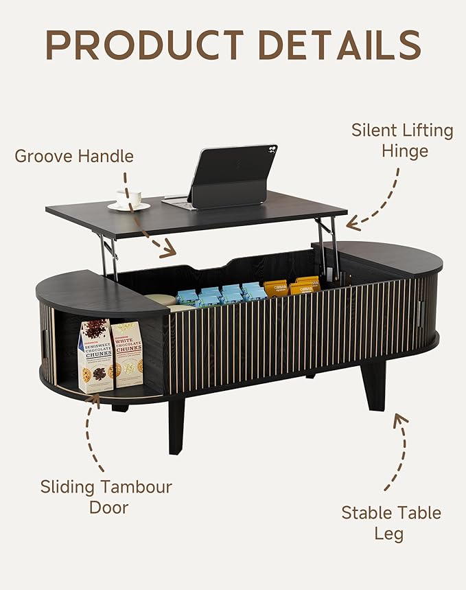 47.2" Oval Lift Top Coffee Table with Storage, Wood Fluted Coffee Table with 180° Sliding Tambour Door, Mid Century Modern Center Table for Living Room, Office, Black