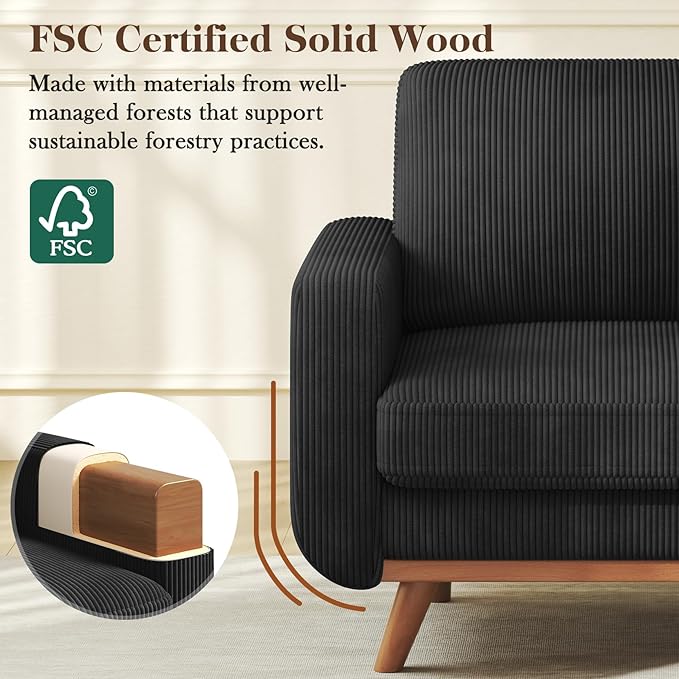 38.5" Black Corduroy Accent Chair, Comfy Deep Seat Armchair with Spring Cushion, Modern Reading Sofa for Living Room Bedroom