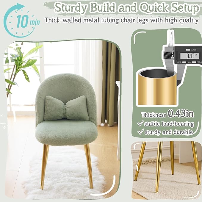 VINGLI Fluffy Girls Vanity Chair with Back & Pillow,Cute Small Cozy Desk Chair No Wheels,Comfy Makeup Ch with Ajustable Gold Legs,for Bedroom,Living Room,Small Space,Green