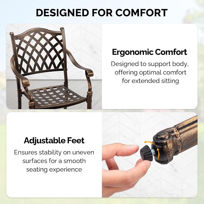 VINGLI Patio Chairs Set of 4 - Stackable Outdoor Cast Aluminum Dining Chairs with Vintage Bronze Finish and Diamond Pattern, Metal Armchairs for Poolside, Backyard, Balcony (No Cushion) - Image 5