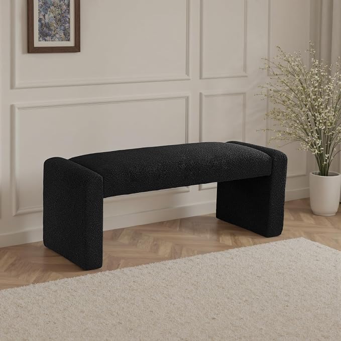 SIMTONAL Black Entryway Bench with Solid Wood Frame, 47" Boucle Window Seat Upholstered End of Bed Bench for Bedroom Living Room - Image 6