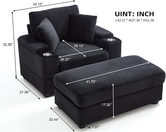 KEIKI Oversized Accent Chair with Ottoman, Chaise Lounge Chair Indoor with Handrail Storage, Cupholders, Oversized Sofa Bed, Deep Seat Sleeper Couch Reading Chairs for Living Room, Black