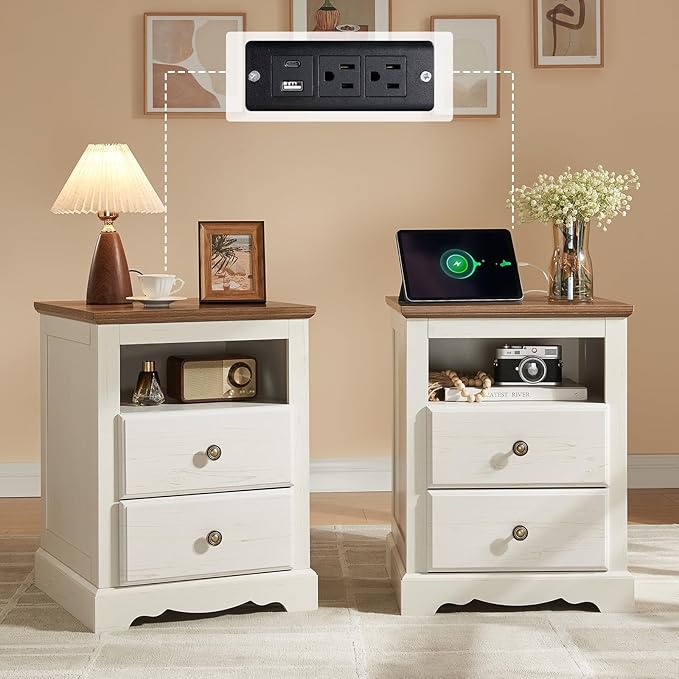 AMERLIFE Farmhouse 3 Pieces Bedroom Sets, Include 54" Wide 7 Drawers Dresser, Nightstand Set of 2 with Charging Station, Rustic Retro Bedroom Furniture Set, White