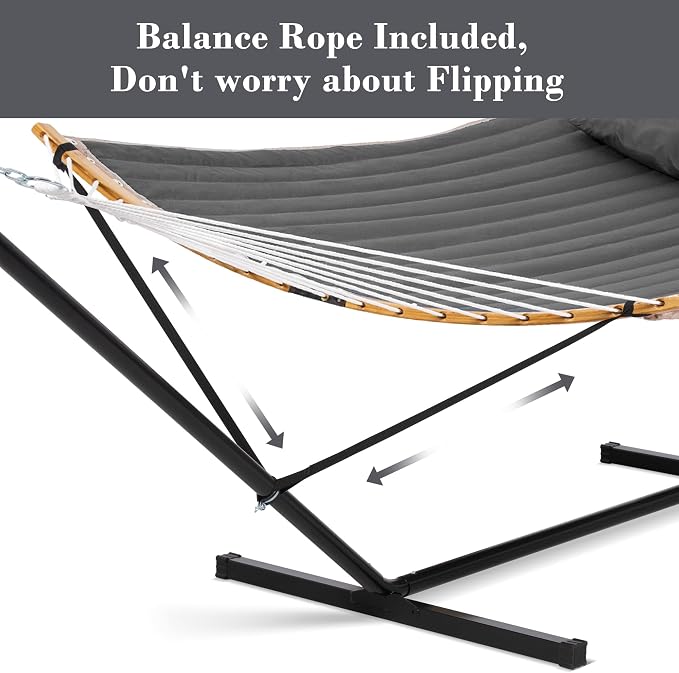 SUNCREAT Double Portable Hammock with Stand, 2 Person Hammock with Curved Spreader Bar, Balance Ropes Included, Dark Gray - Image 5