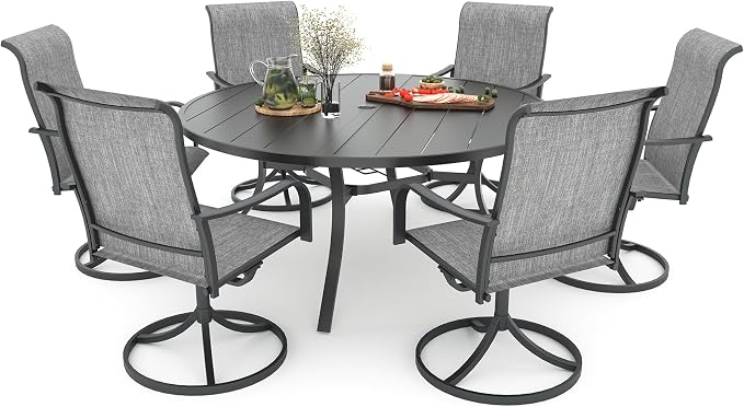 Anmutig Grey Textilene Outdoor Patio Swivel Rocker Chairs with 54" Metal Round Table Dining Set 7 Piece - Style2 by Anmutig