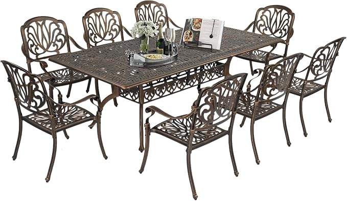 VINGLI 9-Piece Cast Aluminum Outdoor Dining Set for 8, Rectangular Patio Table with Umbrella Hole & 8 Stackable Chairs, All-Weather Garden/Poolside Furniture by VINGLI