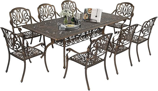 VINGLI 9-Piece Cast Aluminum Outdoor Dining Set for 8, Rectangular Patio Table with Umbrella Hole & 8 Stackable Chairs, All-Weather Garden/Poolside Furniture by VINGLI