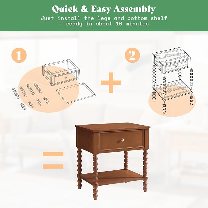 AMERLIFE 24" Walnut Nightstand Set of 2, Vintage Bedside Table for Bedroom, Solid Wood Night Stand with Turned Legs, End Table with Drawer & Open Shelf, Brown Walnut Finish - Image 4