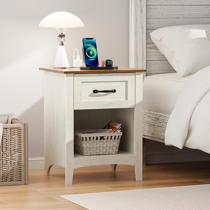 HOMMPA Farmhouse Nightstand with Charging Station, Mid Century Modern Night Stand w/Drawer & Open Shelf, Wood Bedside Table Night Table, Rustic End Table for Bedroom, Rustic White - Image 8