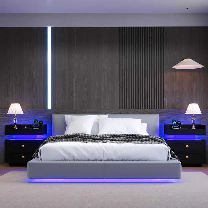4ever2buy Black Nightstand Set of 2 with Adjustable LED Lights and Charging Station Modern Bedside Tables with 2 Drawers End Tables for Bedroom - Image 8