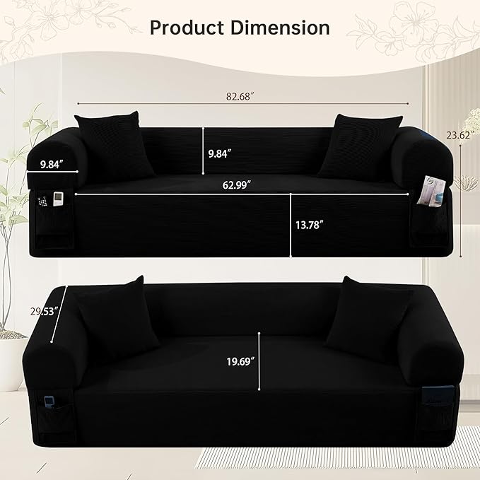 83'' Boneless Couch 3-Seater Floor Sofa No Assembly Needed Corduroy Small Couch for Living Room, Cloud Sofa with 2 Pillows & Storage Bag Couches in A Box for Office, Black
