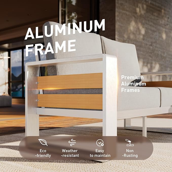 Aoxun Aluminum Patio Furniture Set, 7 Seats Luxury Metal Patio Conversation Sets with Coffee Table, Thick Cushions and Waterproof Cover, Modern Outdoor Furniture Set for Backyard/Poolside, Light Grey