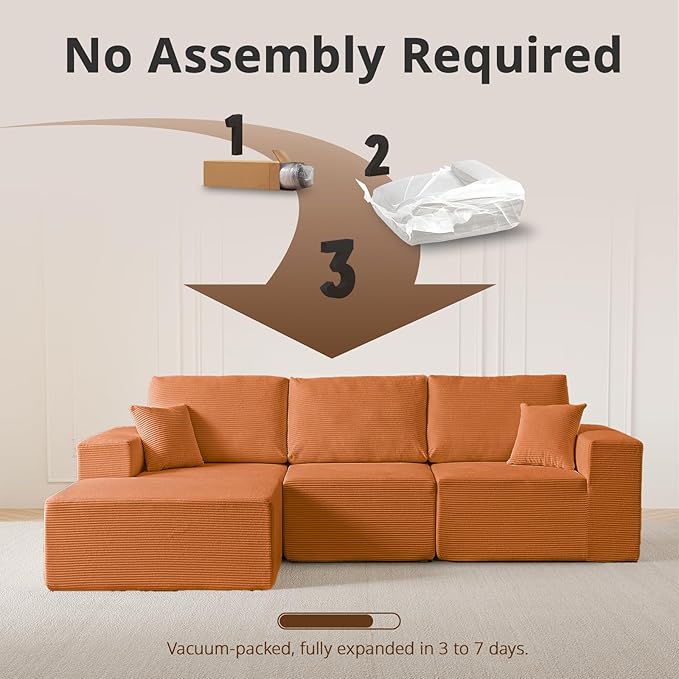 108" L-Shaped Boneless Couch, High Seat Modular Sectional Sofa with Moveable Ottoman, Corduroy Cloud Couches for Living Room, No Assembly, Ship in a Box, Orange | Modular Flexibility