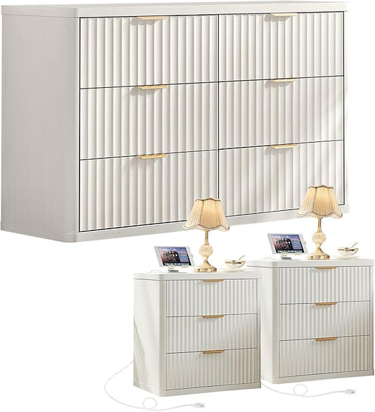 LEYAOYAO Fluted Dresser and 3 Drawers Nightstand Set of 2, Wood 48" Wide Dresser & 23" Night Stand with Charging Station, 3 Piece Bedroom Furniture Set, Chest of Drawers for Living Room,Antique White