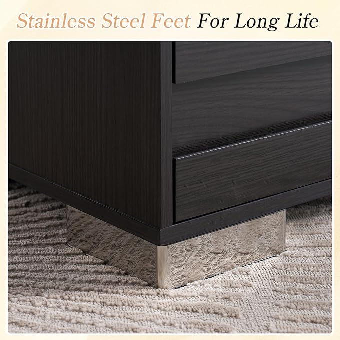 LUXOAK 3 Pcs Bedroom Furniture Set - Includes Farmhouse 6 Drawer Dresser and Nightstand Sets of 2 with Charging Station, Slated Handles & Stainless Steel Feet, Black