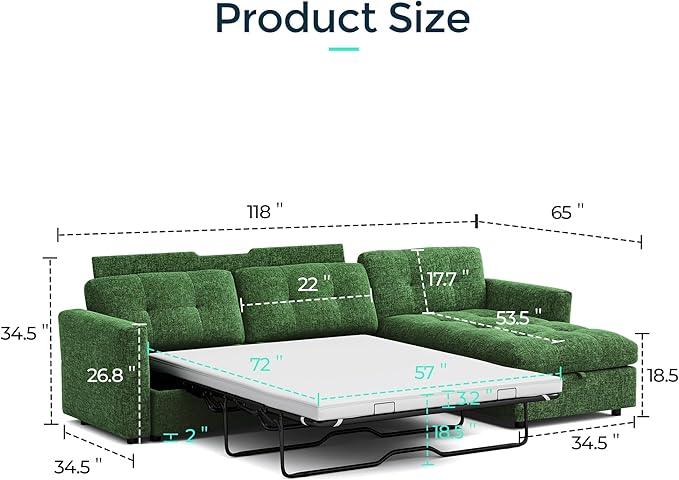 LINSY Oversized Sectional Sleeper Sofa 118" Pull Out Couch with Storage Chaise, Convertible Sofa Bed with Memory Foam Topper, Comfy L Shaped Couches for Living Room Apartment Dorm Room, Green