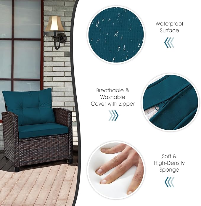 KOTEK 3 Piece Patio Furniture Set, Outdoor Conversation Set with Washable Cushions & Tempered Glass Tabletop, PE Rattan Wicker Bistro Set for Porch, Garden, Balcony (Peacock Blue)