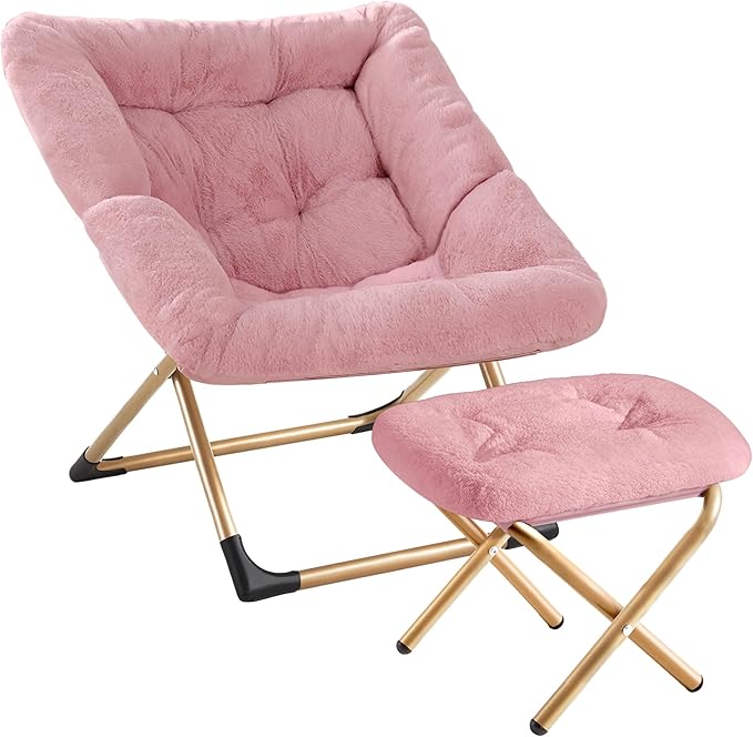 Youtanic Comfy Oversized Saucer Chair with Ottoman,Soft Faux Fur Reading Lounge Chair for Adults,Stable X-Large Metal Frame and Non-Slip Pad,Cozy Chair for Bedroom, Living Room, Dorm, Office, Pink