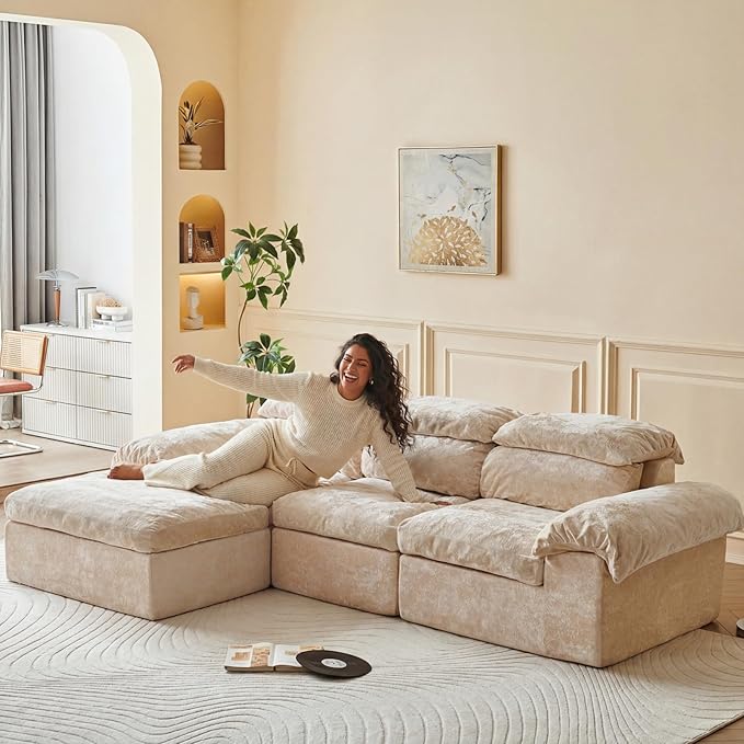 Boneless Couch, L Shaped Cloud Couches for Living Room, Comfy Fluffy Modular Sectional Sofa, Deep Seat Memory Foam Lounger with Left Facing Chaise, Free Combination, Beige