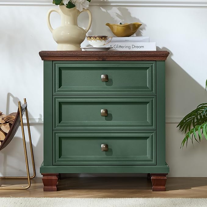 SAVOR LIFE Farmhouse Nightstand with 3 Drawers, Rustic Couch End Table with 4 Square Solid Wood Legs, Mid-Century Vintage Bed Side Table with Storage, Small Dresser for Bedroom, Living Room, Green - Image 5