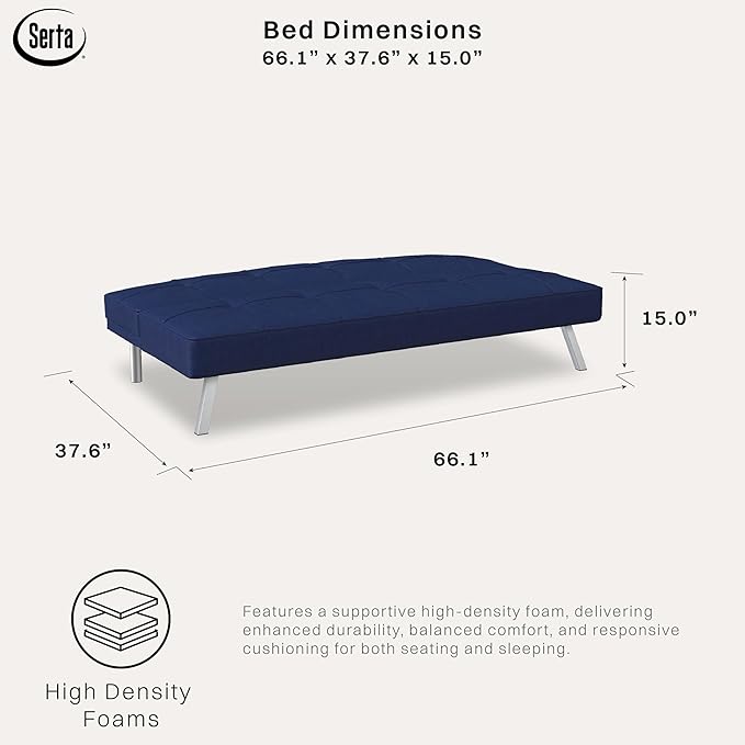 Serta® Rane Futon Sofa Bed 66.1", 3-in-1 Convertible Couch Sleeper for Small Spaces, Tufted Back, Twin Size Guest Bed, Blue Woven Fabric