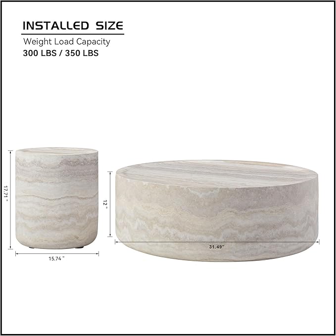 Modern Round Coffee Table Set of 2 for Living Room, Circle Coffee Table Side Table Set, Faux Mars Marble Pattern Center Table End Table Set for Apartment (Marble, 31.49+15.74)
