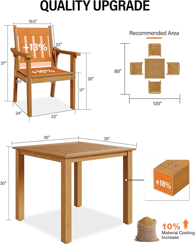 YEFU HIPS Patio Table Set: 5 Piece Outdoor Square Table and Chairs with Metal Aluminum Frame - Teak Modern Plastic Patio Dining Furniture Set 4 Person for Outside Deck - Image 5