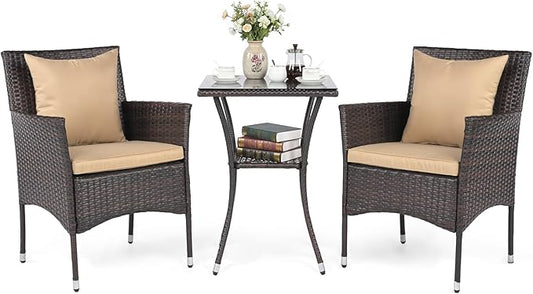 Tangkula 3 Pieces Patio Wicker Bistro Set, 2 Rattan Chairs w/ 2-Tier Tempered Glass Table, Outdoor Conversation Furniture Set with Cushions for Backyard, Porch, Poolside (Mix Brown+Beige)