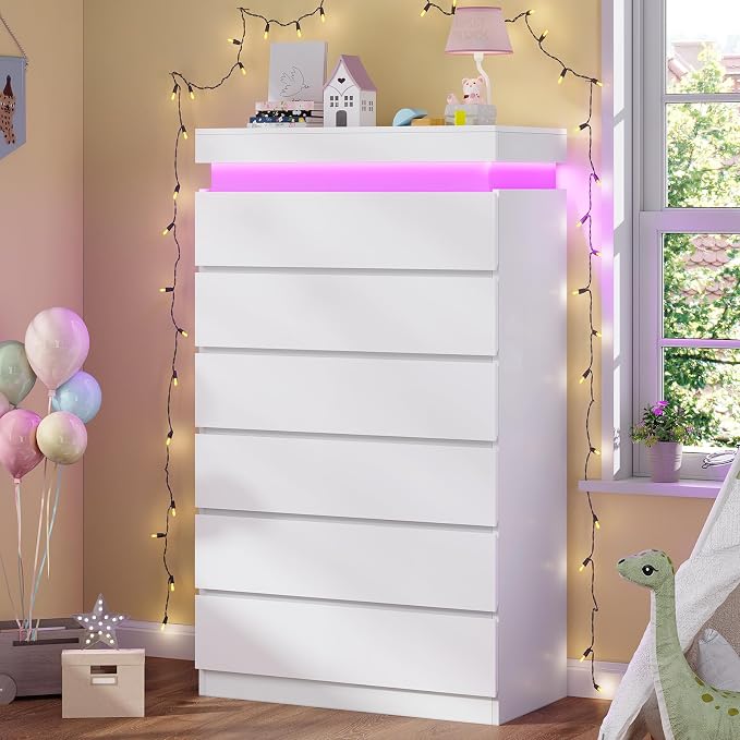 HAUOMS Tall 6 Drawer Dresser with LED Light, White Modern Chest of Drawers for Bedroom,Closet Dressers with Drawers for Living Room, Entryway, Hallway by HAUOMS