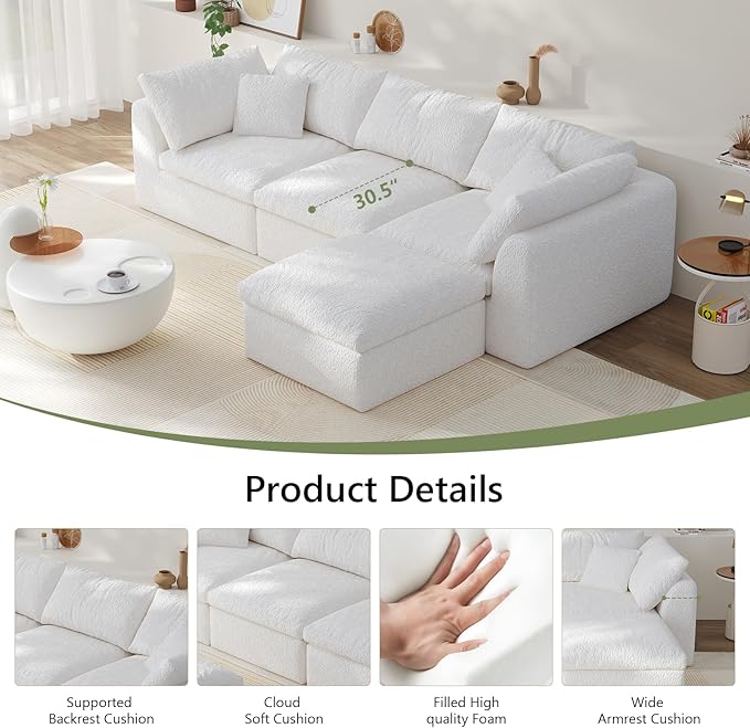 108" Modular Sectional Sofa Boneless Cloud Couch for Living Room, L Shape Deep Seat Recliner Sofa with Ottoman, Adjustable Backrest & 2 Throw Pillows - Covers Washable, (White, 3 Seater+1 Ottoman)