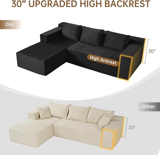 103" Boneless Corduroy Sectional Couch with Left Chaise, Modular L Shaped Black Couches for Living Room, Large Minimalist Modern Deep Seat Floor Sofa Set, No Assembly