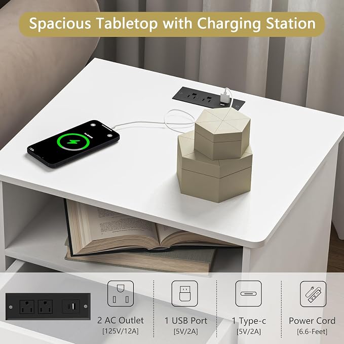 White Nightstand with Charging Station,Modern Night Stand with 2 Drawers and Open Shelf,Bedside Table with Storage for Bedroom, End Side Table for Living Room - Image 4