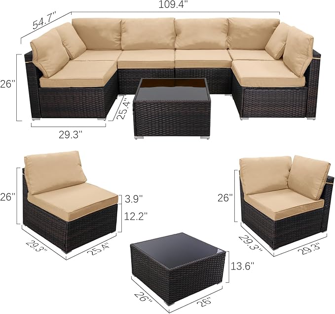 CHABATREE 7 Pieces Outdoor Patio Furniture Sets,Rattan Conversation Sectional Set,Manual Weaving Wicker Patio Sofa with Tea Table