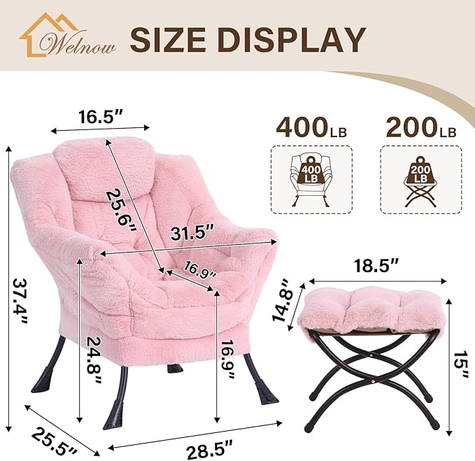 Welnow Lazy Chair with Ottoman, Modern Accent Chair with Armrests and a Side Pocket, Leisure Sofa Armchair Set, Reading Armchair with Footrest for Small Space, Plush Pink